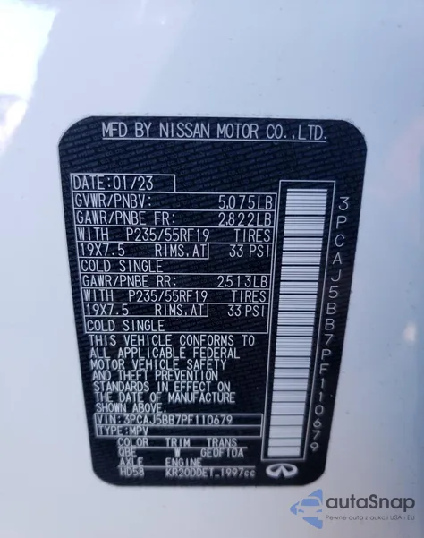 2023 Infiniti Qx50 Luxe из США, поврежденный, VIN 3PCAJ5BB7PF110679